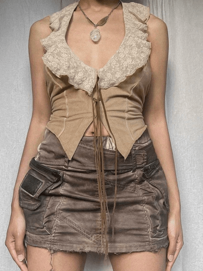 Panel Lace Tie Front Halter Tank Top