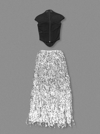 Black Fishbone Top Sequin Mesh Long Skirt Set