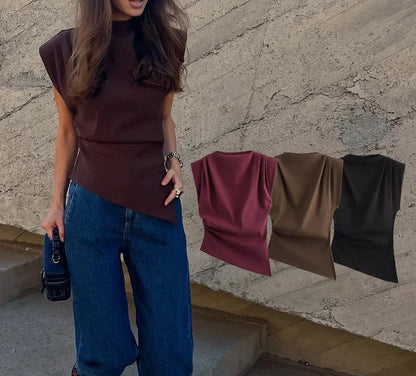 Asymmetric Pleated Trim Short Sleeve Top