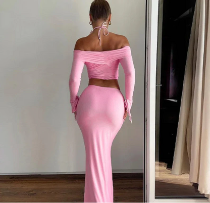 Off Shoulder Crop Top, Bodycon Maxi Skirt Set