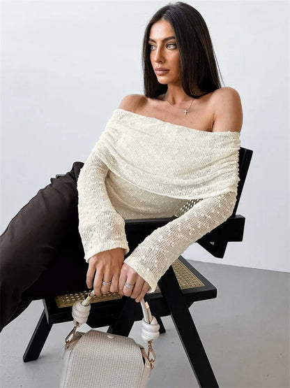 Knit Sweater Backless Off-Shoulder Patchwork Top