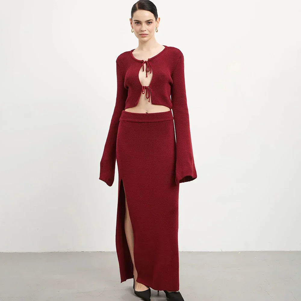 Knit Solid Lace-up Cardigan Top Slit Long Skirt Set