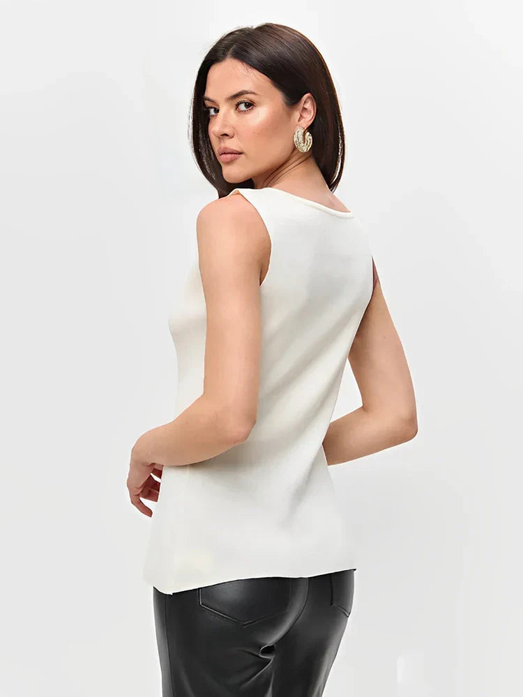 Metal Buckle Slit Knitted Vest  Slim Sleeveless Top