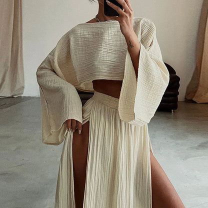 Linen Flare Sleeve Top & Slit Skirt Set