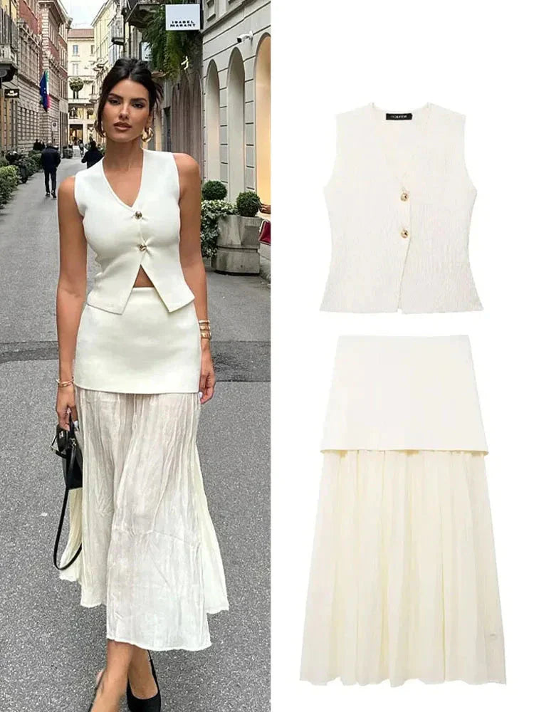 Button Knit Top Side Zipper Skirt Suit