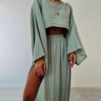 Linen Flare Sleeve Top & Slit Skirt Set
