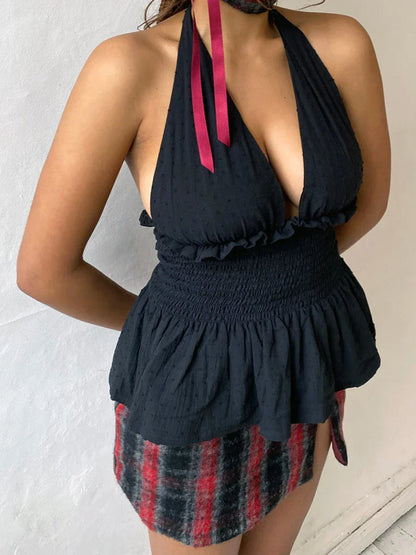 Floral Print/Swiss Dot Tie-Up Halter Backless Tops
