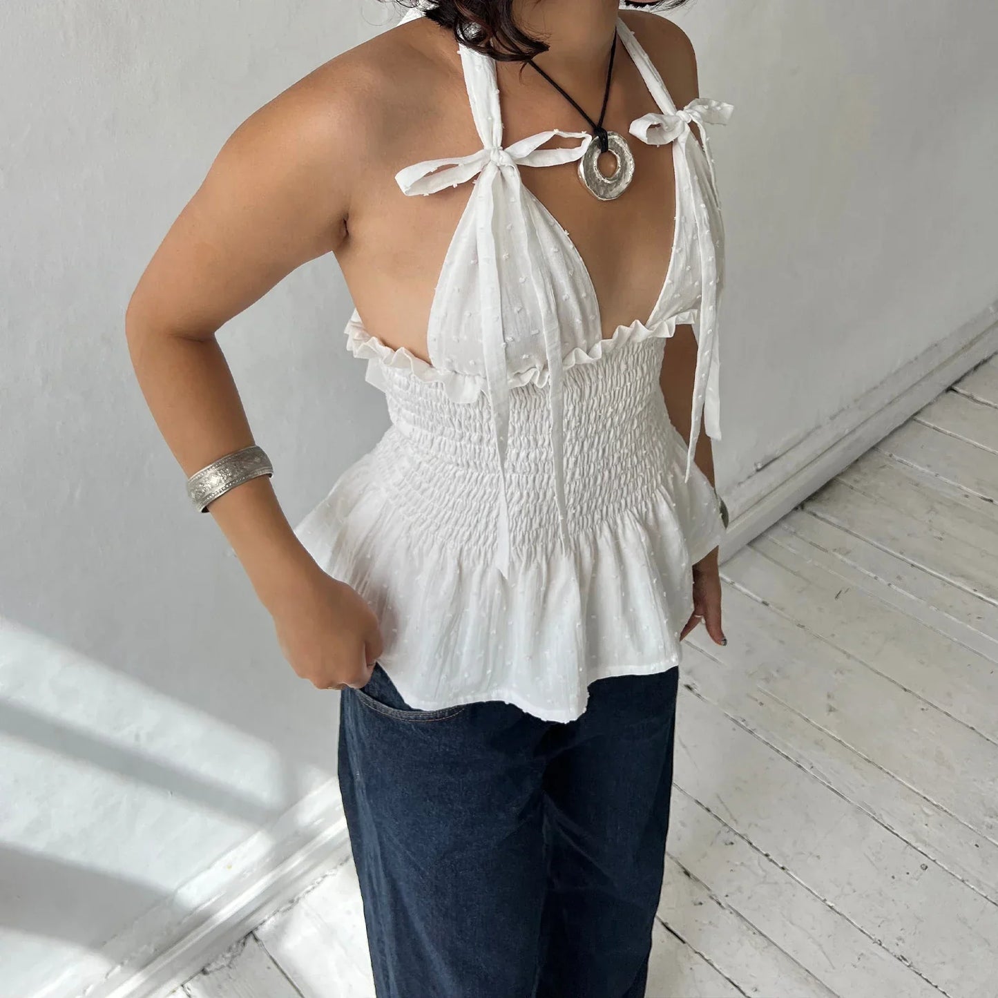 Floral Print/Swiss Dot Tie-Up Halter Backless Tops