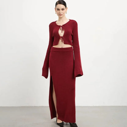 Knit Solid Lace-up Cardigan Top Slit Long Skirt Set