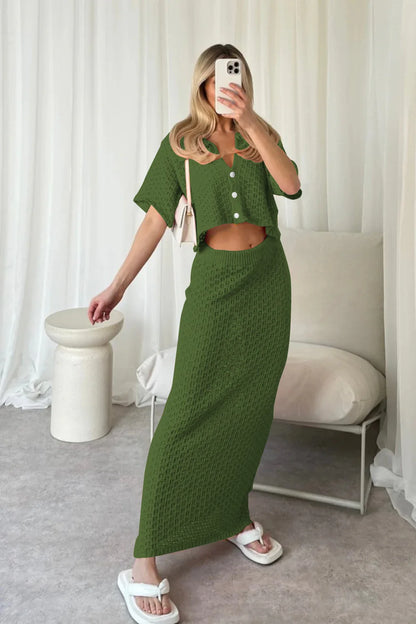 Knit Hollow Out Top and Long Skirt Suit