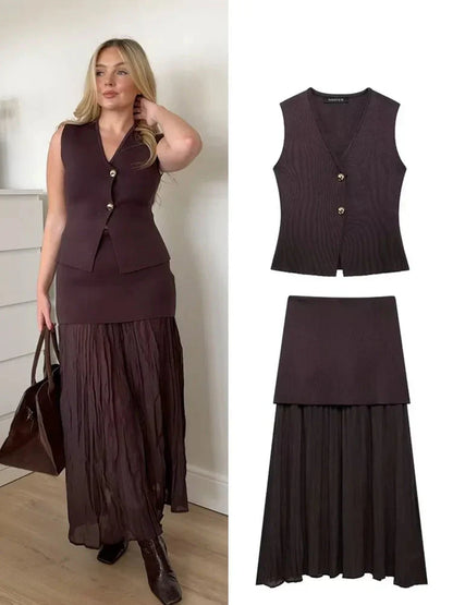 Button Knit Top Side Zipper Skirt Suit