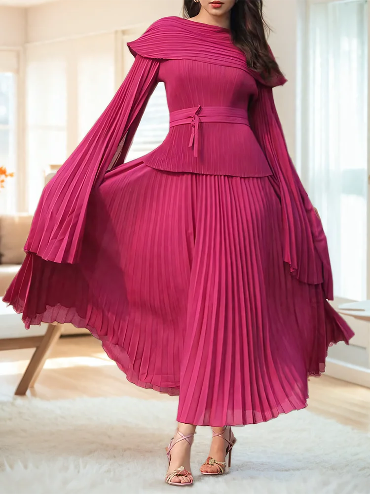 Flare Sleeves Top Elastic Waist Long Skirt Suit