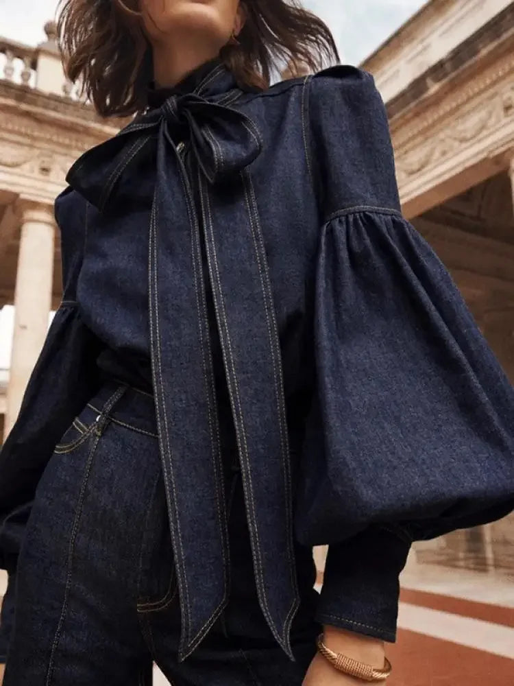 Denim Puff Sleeve High Neck Top