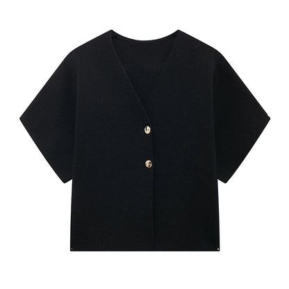 Knitted Flat Pin V-Neck Solid Short Sleeved Tops