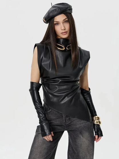 Faux Leather Folds Crop Tops With Gloves