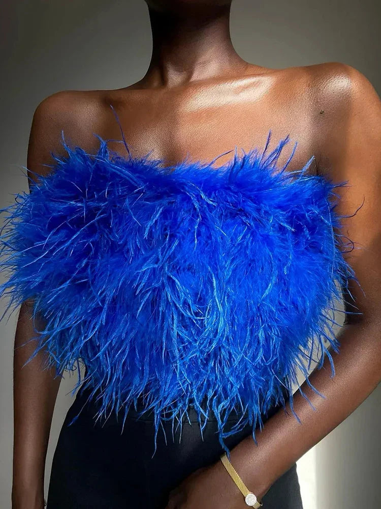 Fur Feather Strapless Bustier Fluffy Corset Tube Top