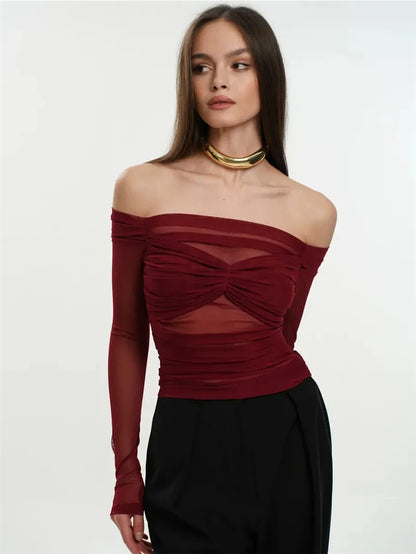 Mesh Off-shoulder Pleated Bust Strapless See Through Top