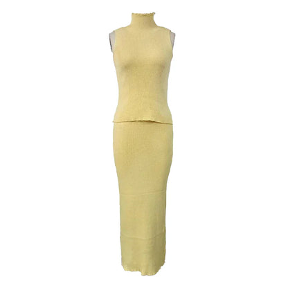 High Neck Knitting Top and Solid Long Skirt Suit