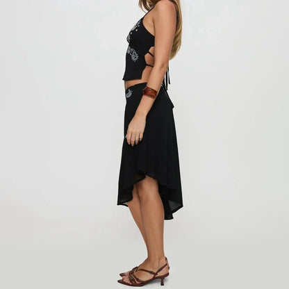 Floral Backless Tie-Up Top Irregular Hem Midi Skirt