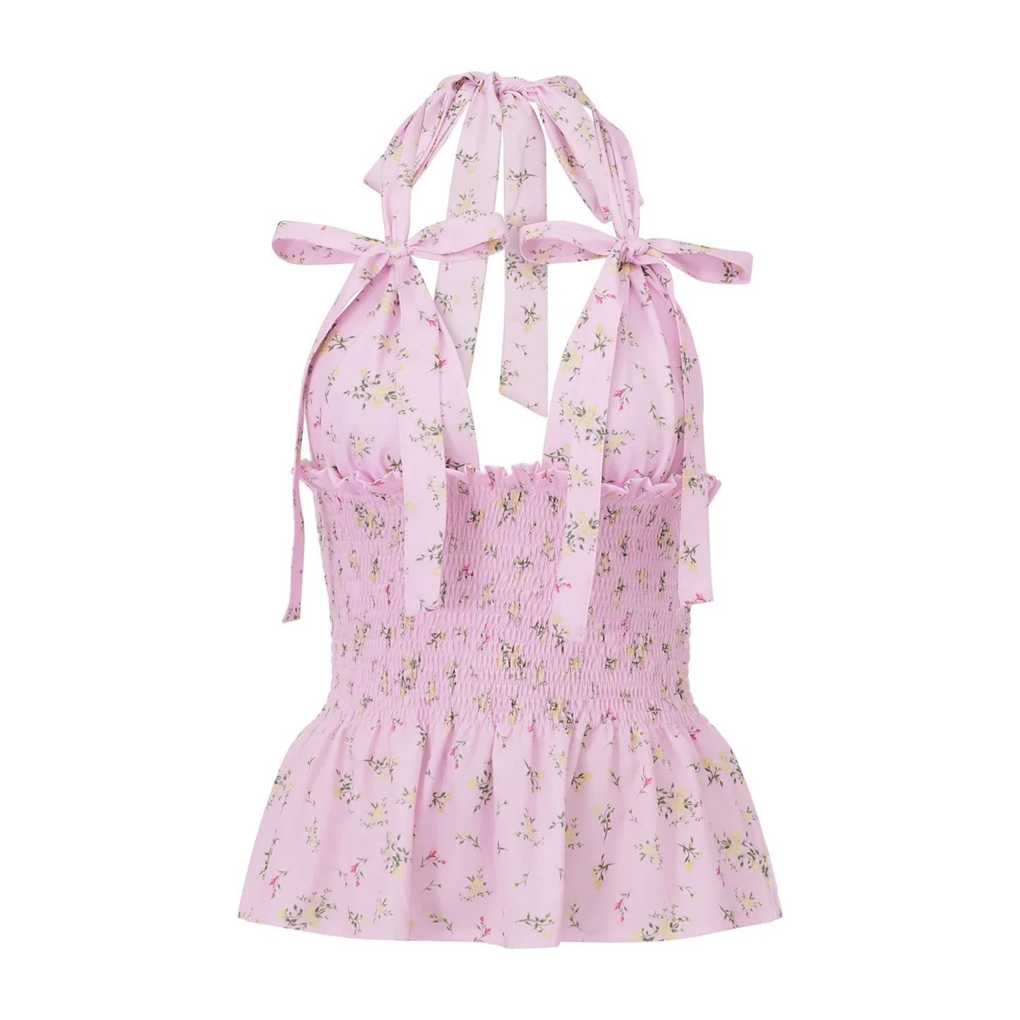 Floral Print/Swiss Dot Tie-Up Halter Backless Tops