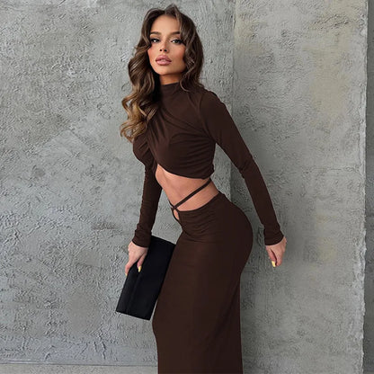 Long Sleeve Lace-up Crop Top And Long Skirt Suit