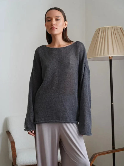 Hollow Solid See-through Long Sleeve Knitted Top