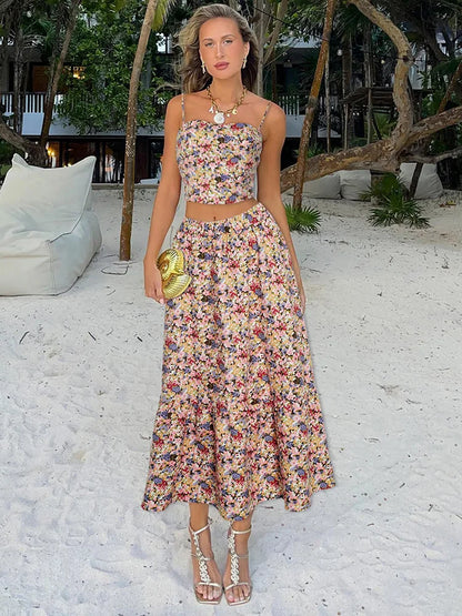 Floral Print Tank Top Long Skirt Two Piece Set