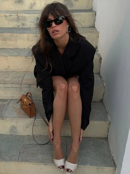 Lace-up V Neck Solid Blazer Dress