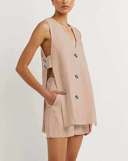 Hollow Button Long Top Elastic Waist Shorts Suit