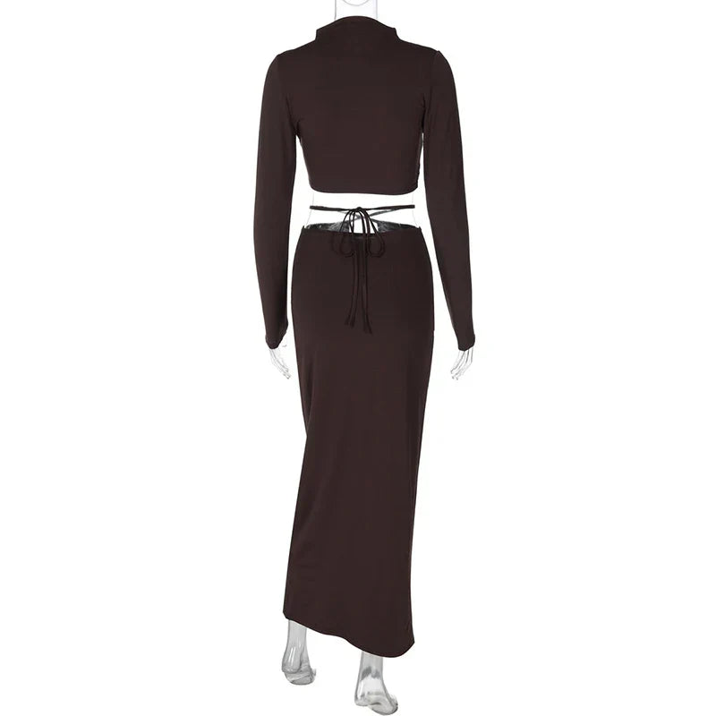 Long Sleeve Lace-up Crop Top And Long Skirt Suit