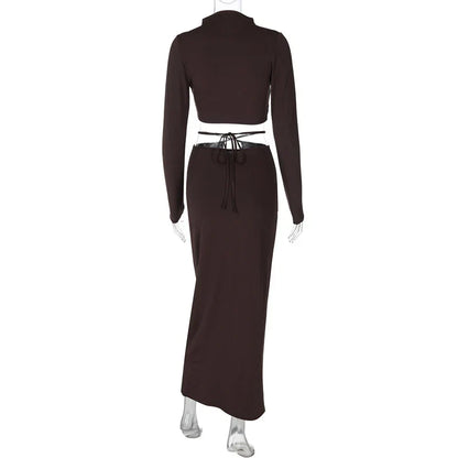 Long Sleeve Lace-up Crop Top And Long Skirt Suit