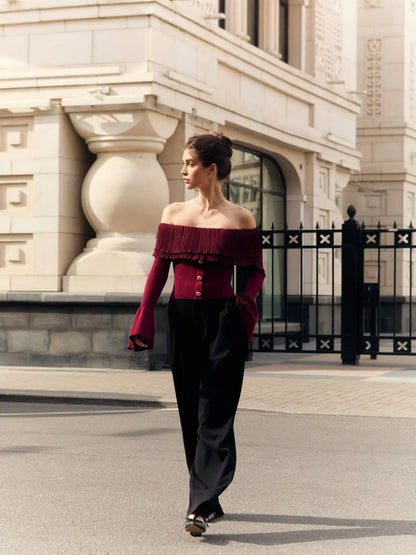 Off-Shoulder Knitted Flare Sleeve Top