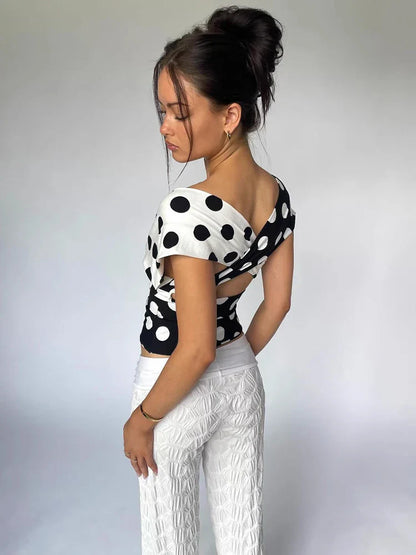 Contrast Polka Dot Cross Scarf Vest Two Wears Short Top