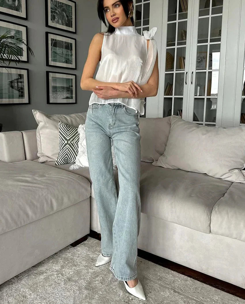 Loose Stand Collar Lace-Up Tops