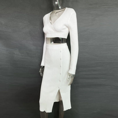 Knitted Top and Slit Midi Skirt Sets