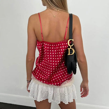 Lace Patchwork Dot Print Sleeveless Cami Tops