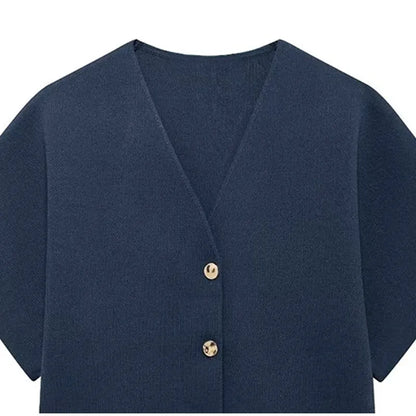Knitted Flat Pin V-Neck Solid Short Sleeved Tops