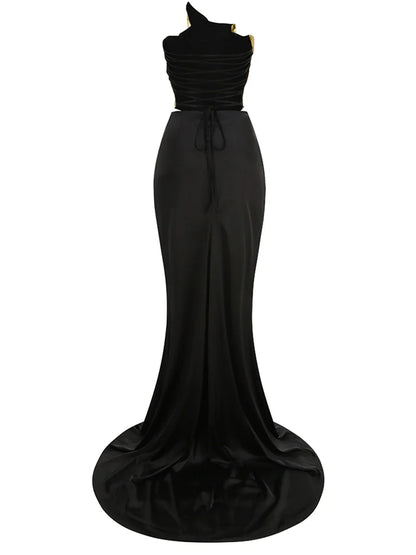 Gold Lace-up Tops 2 Pieces Floor-length Dress