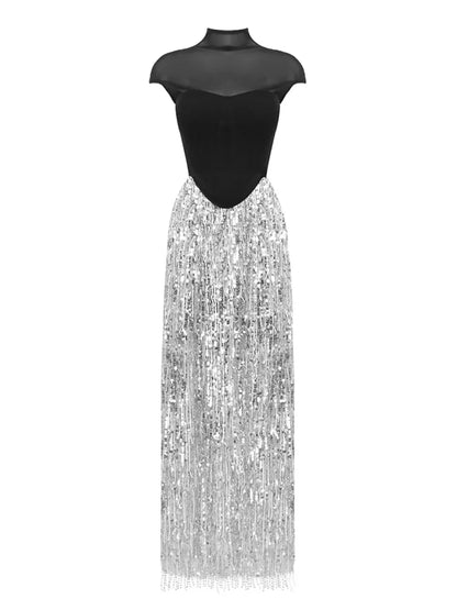 Black Fishbone Top Sequin Mesh Long Skirt Set