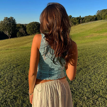 Deep V-Neck Hollow Out Lace Crop Tank Top