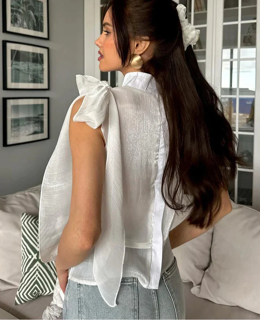 Loose Stand Collar Lace-Up Tops