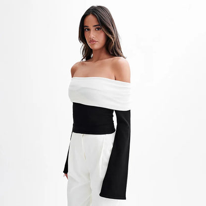 Off-Shoulder Patchwork Contrast Cropped Top