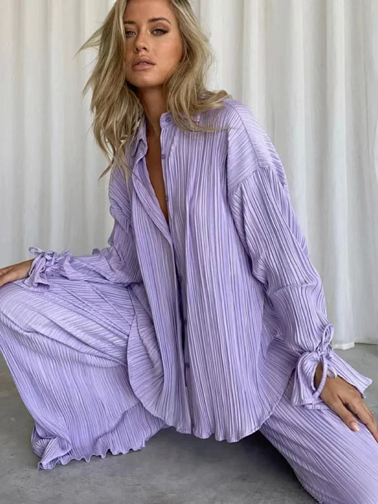 2 Piece Set Blouse Tops and Split Wide Leg Pants