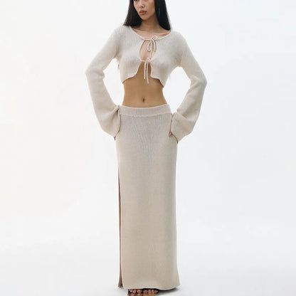 Knit Solid Lace-up Cardigan Top Slit Long Skirt Set