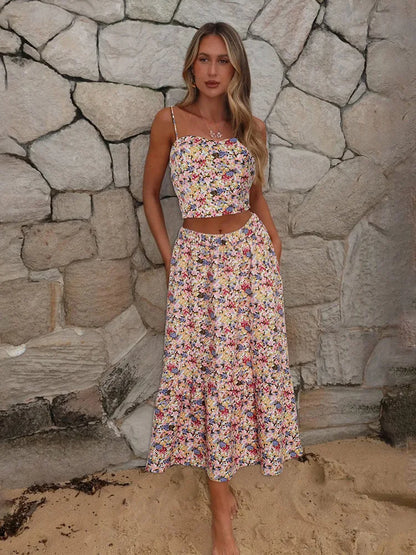 Floral Print Tank Top Long Skirt Two Piece Set