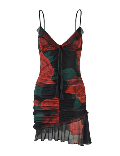 CARLY DRESS - BLACK : MACRO ROSE- RED ROSE