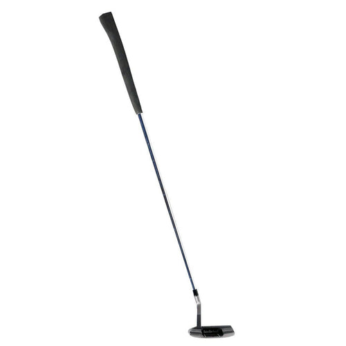 A BirdieBall American Classic Putter (Anser Style, milled face, heel/toe weighted) with a black finish, long grip, blue shaft, and metallic head is photographed on a white background.