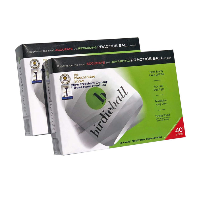 Two boxes of BirdieBall Dozen by BirdieBall, each with 12 limited-flight practice golf balls, featuring award-winning design for realistic spin, feel, and sound—ideal as a golf training aid for effective full-swing practice.