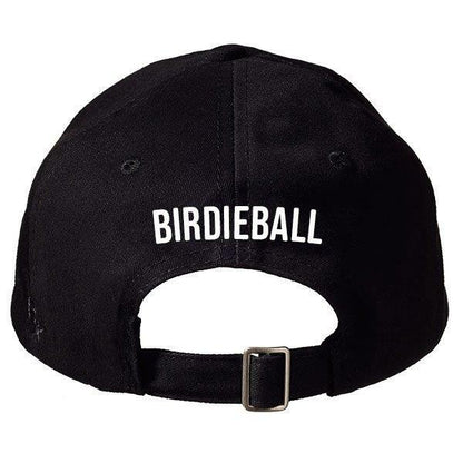 The BirdieBall Hat (Black BB) by BirdieBall features "BIRDIEBALL" in white capital letters above the adjustable back strap, giving this classic black dad hat a signature look.