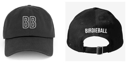 The BirdieBall Hat (Black BB) by BirdieBall features a classic black design with a white "BB" on the front, "BIRDIEBALL" above the adjustable strap, and offers comfort and style for any occasion.
